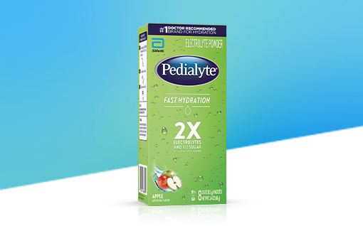 Pedialyte fast hydration powder pack, apple, electrolyte powder.