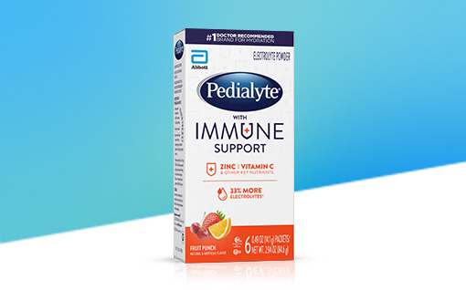 Pedialyte with immune support powder pack, fruit punch, electrolyte powder.