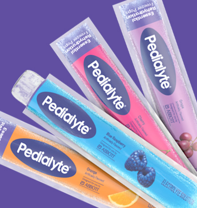 Pink, orange, blue, and purple Pedialyte Freezer Pops to quickly replace fluids and electrolytes.