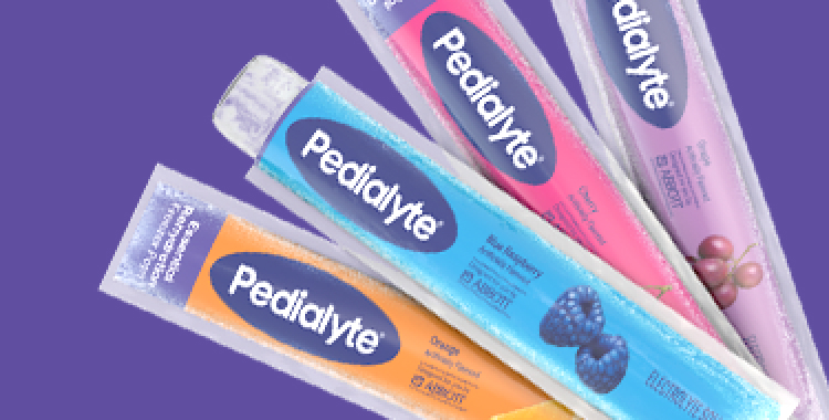 Pink, orange, blue, and purple Pedialyte Freezer Pops to quickly replace fluids and electrolytes.