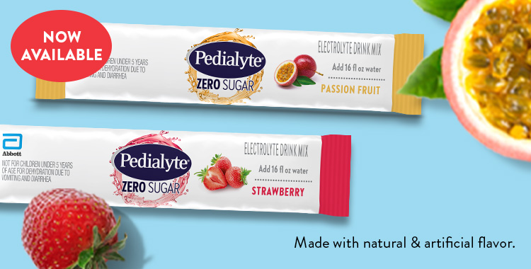 Pedialyte zero-sugar Electrolyte Drink Mix packets in Passion Fruit flavor and Strawberry flavor on a blue background.