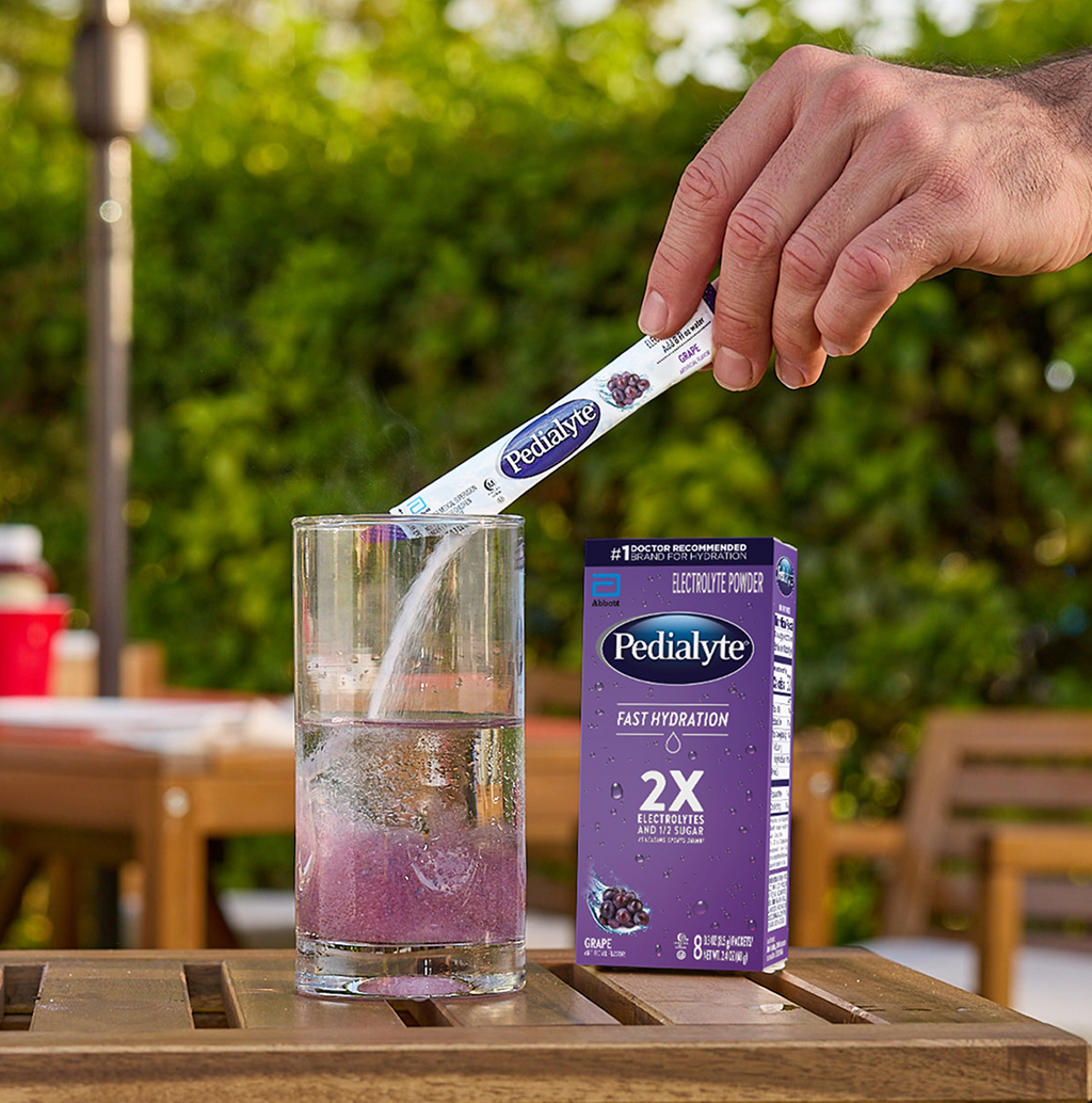 Pedialyte powder with glass