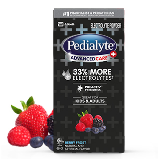 Pedialyte advanced care plus powder pack, berry frost, electrolyte powder.