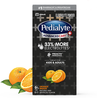 Pedialyte advanced care plus powder pack, orange breeze, electrolyte powder.
