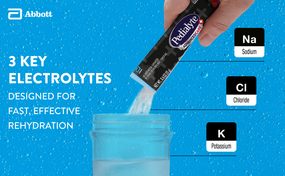 Berry frost flavored Pedialyte AdvancedCare powder packet being poured into water. 3 key electrolytes: sodium, chloride and potassium. Designed for fast, effective rehydration.