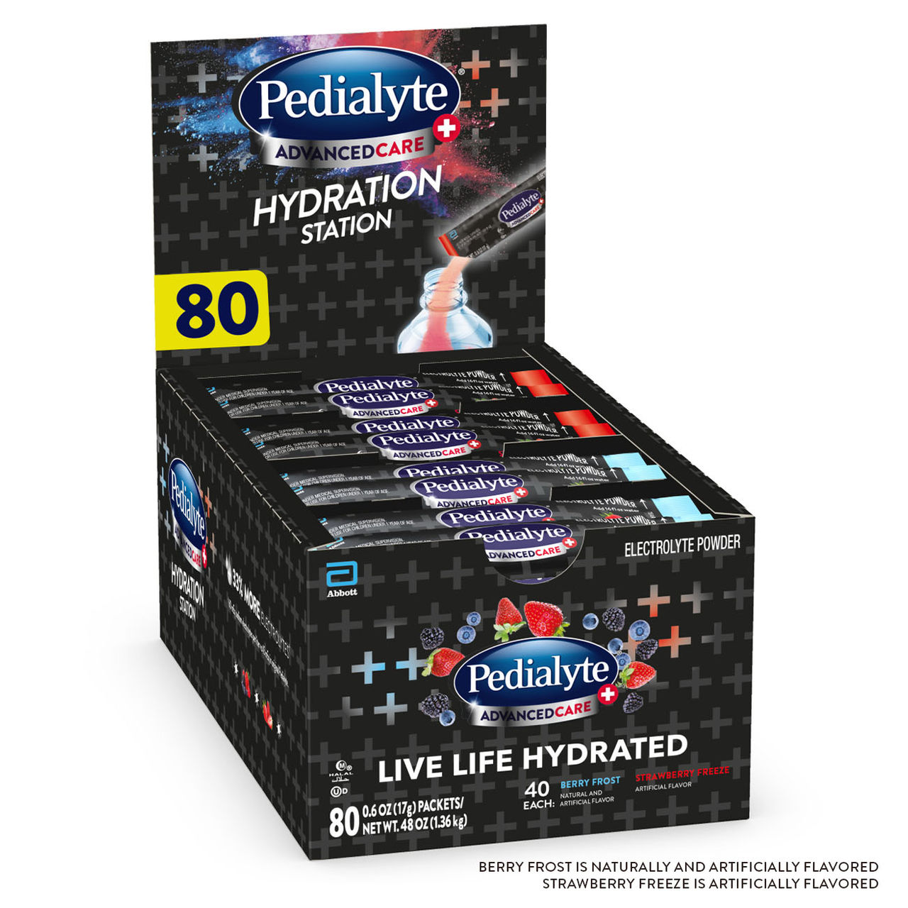 Pedialyte® Fast Hydration electrolyte powder variety pack with Strawberry, Grape, and Fruit Punch; 24 packets total.