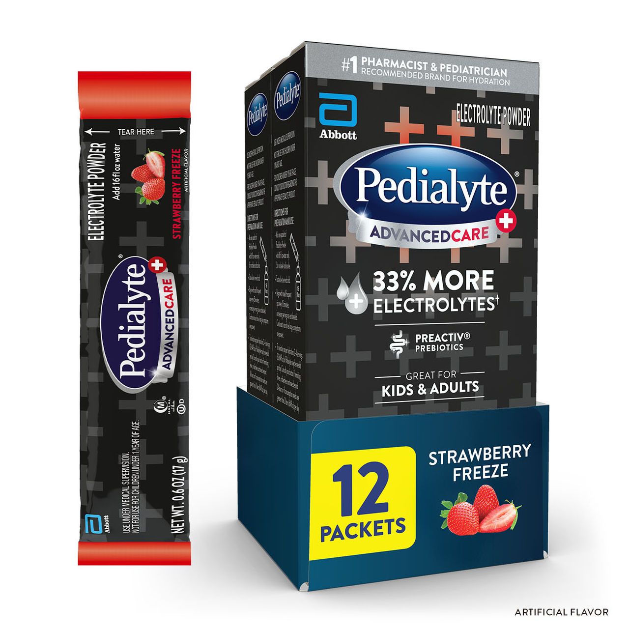 Pedialyte® Fast Hydration electrolyte powder variety pack with Strawberry, Grape, and Fruit Punch; 24 packets total.