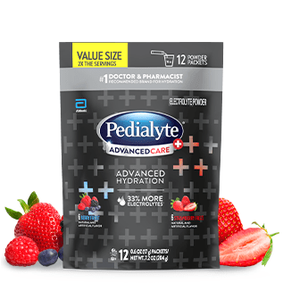 Pedialyte advanced care plus powder packs variety pouch, including berry frost and strawberry freeze flavors 16ct, electrolyte powder.