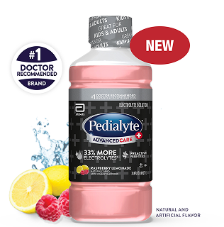 Pedialyte advanced care plus liter, raspberry lemonade, electrolyte solution.