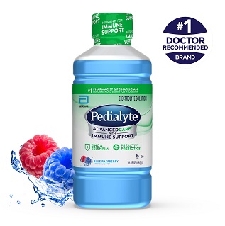 Pedialyte advanced care liter with immune support, blue raspberry, electrolyte solution.