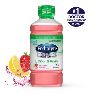 Pedialyte advanced care liter with immune support, strawberry lemonade, electrolyte solution.
