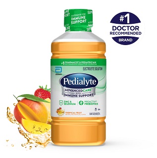Pedialyte advanced care liter with immune support, tropical fruit, electrolyte solution.