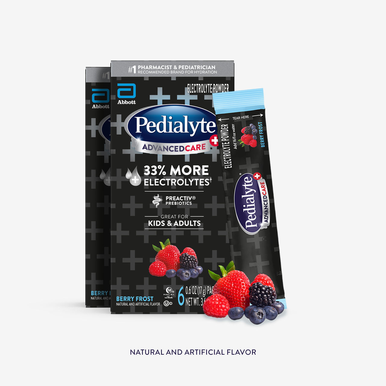 Pedialyte advanced care plus powder packs, berry frost, 12 packets, 17g, electrolyte powder.