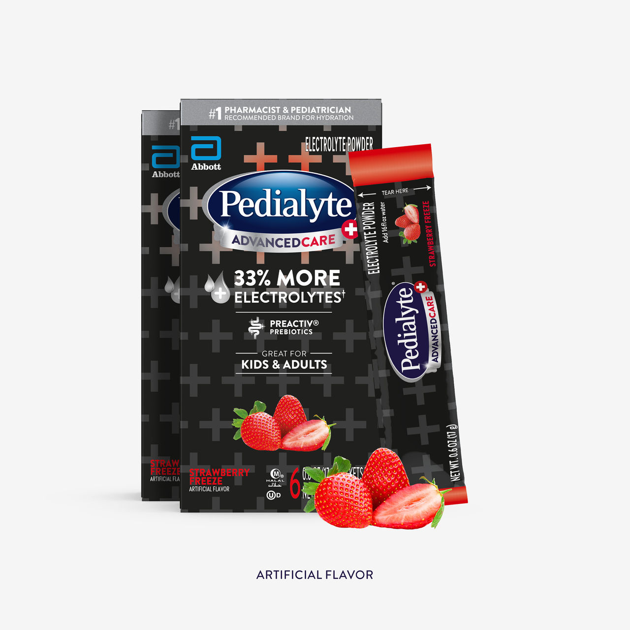 Pedialyte advanced care plus powder packs, strawberry freeze, 12 packets, 17g, electrolyte powder.