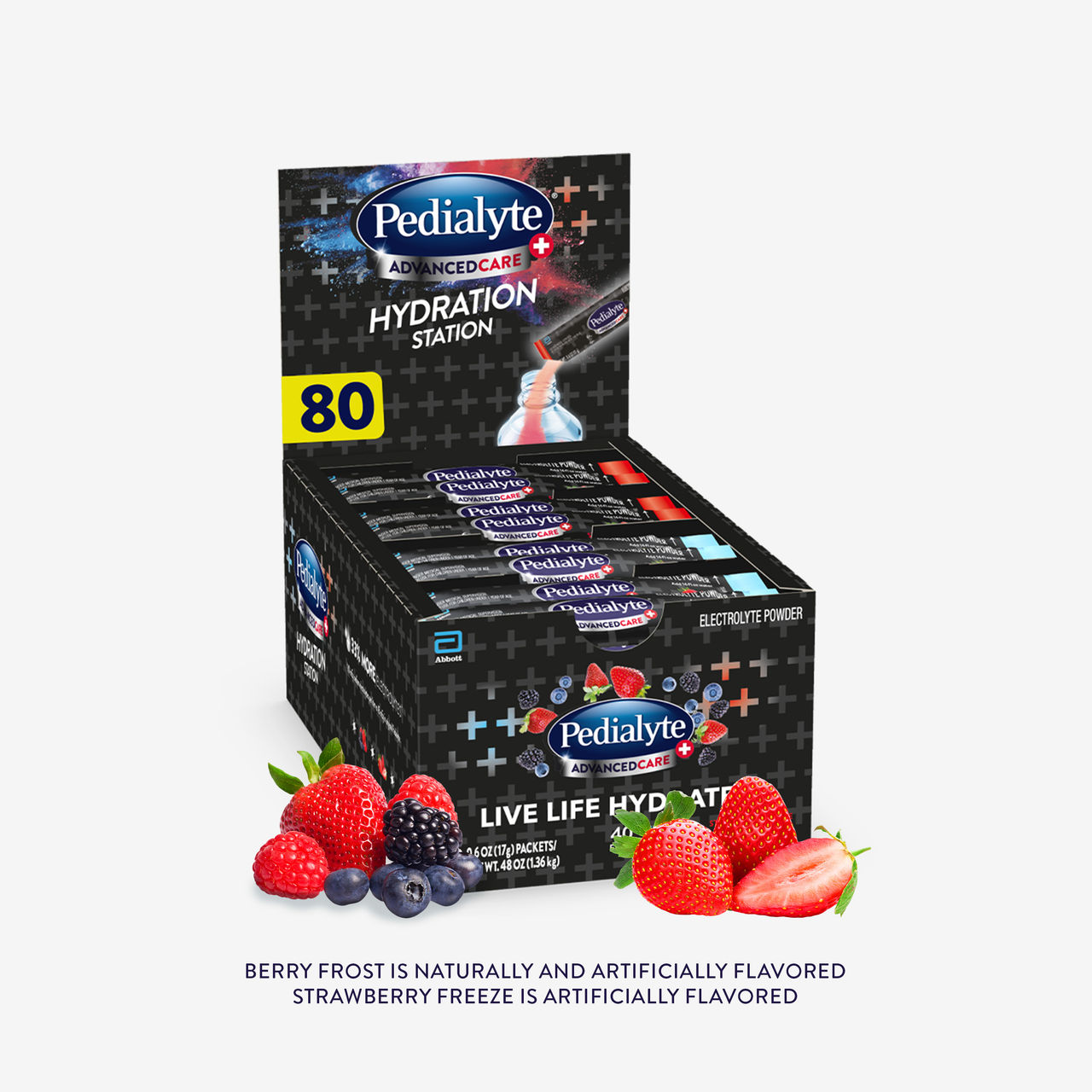 Pedialyte advanced care plus powder packs hydration station variety pack, including 40 berry frost and 40 strawberry freeze powder packets, 80 packets, 17g, electrolyte powder.