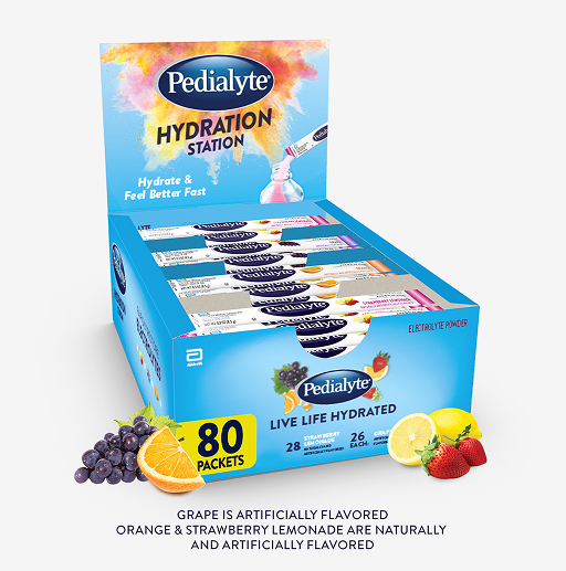 Pedialyte classic electrolyte powder packs hydration station variety pack, including 20 orange, 20 cherry, 20 grape and 20 strawberry lemonade powder packets, 80 packets, electrolyte powder.