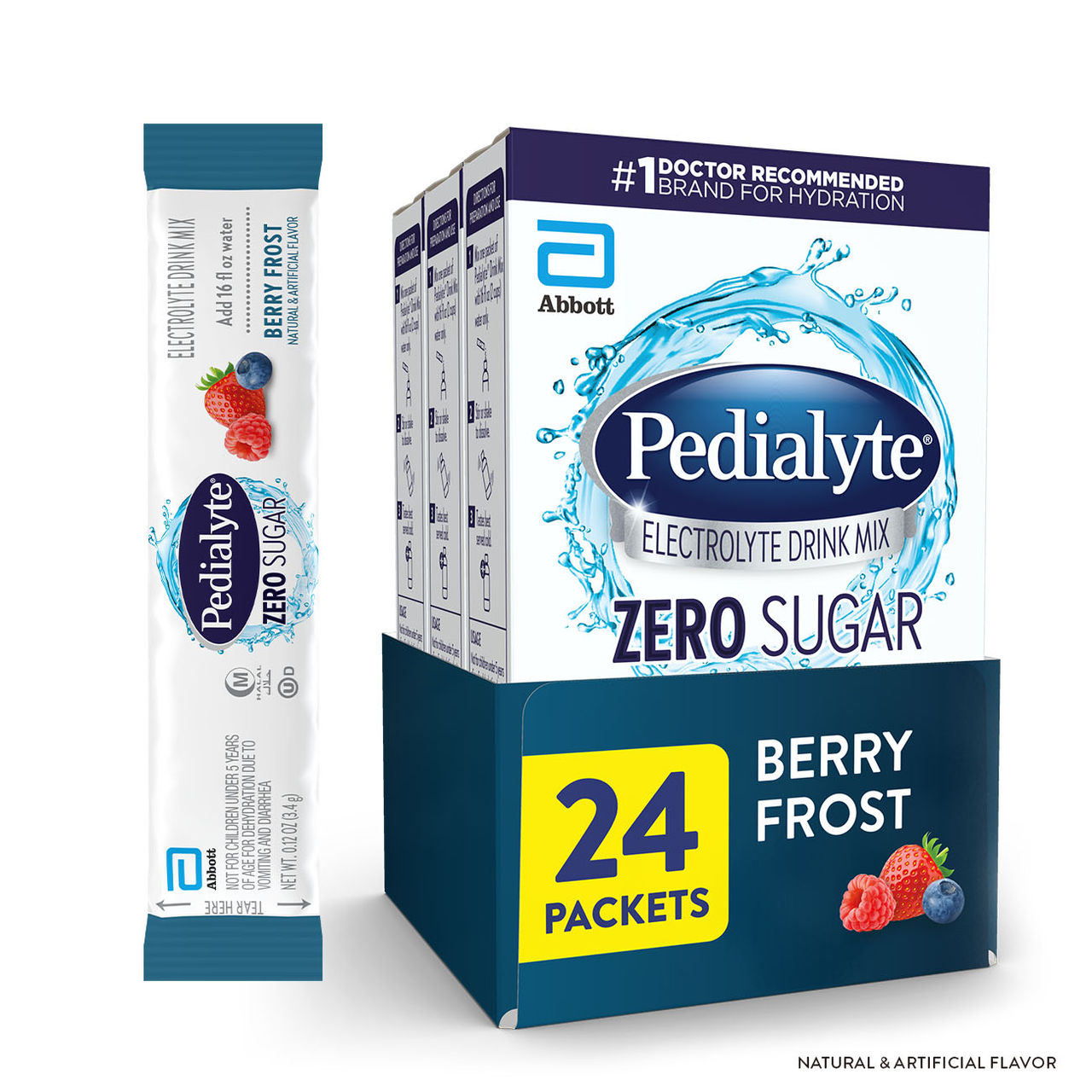 Three pink Pedialyte® Fast Hydration electrolyte powder packs in Strawberry; 24 packets total.