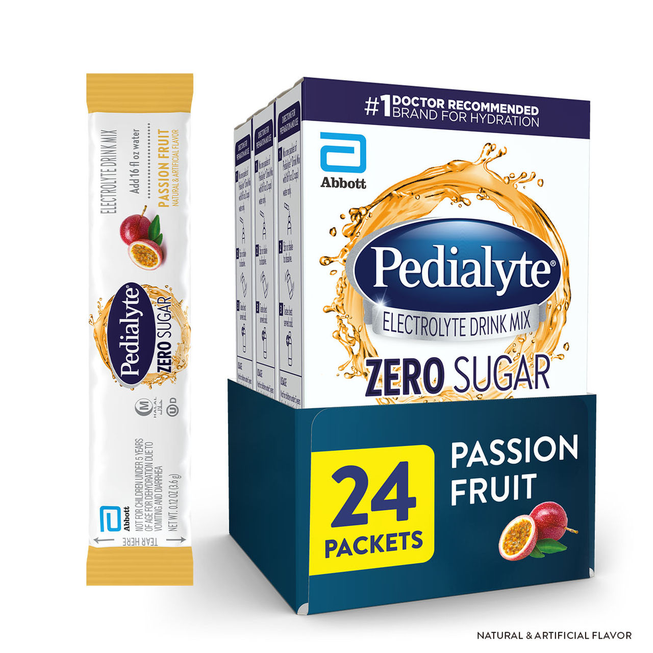 Three purple Pedialyte® Fast Hydration electrolyte powder packs in Grape; 24 packets total.