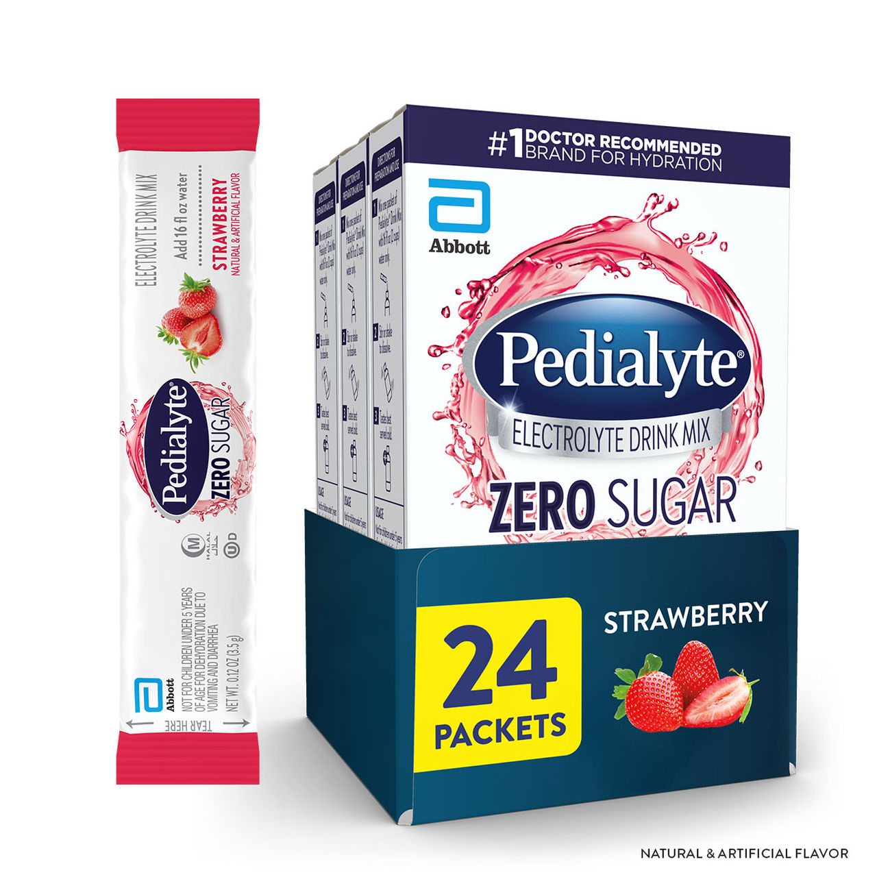 Three red Pedialyte® Fast Hydration electrolyte powder packs in Fruit Punch; 24 packets total.