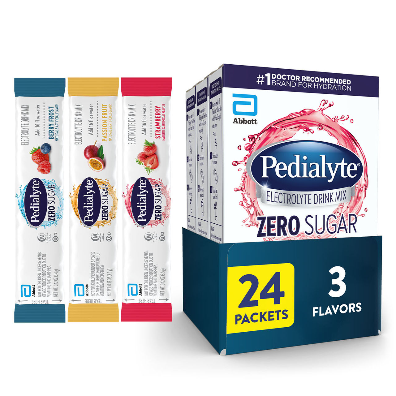 Pedialyte® Fast Hydration electrolyte powder variety pack with Strawberry, Grape, and Fruit Punch; 24 packets total.