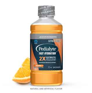 Pedialyte fast hydration liter, orange, electrolyte solution.
