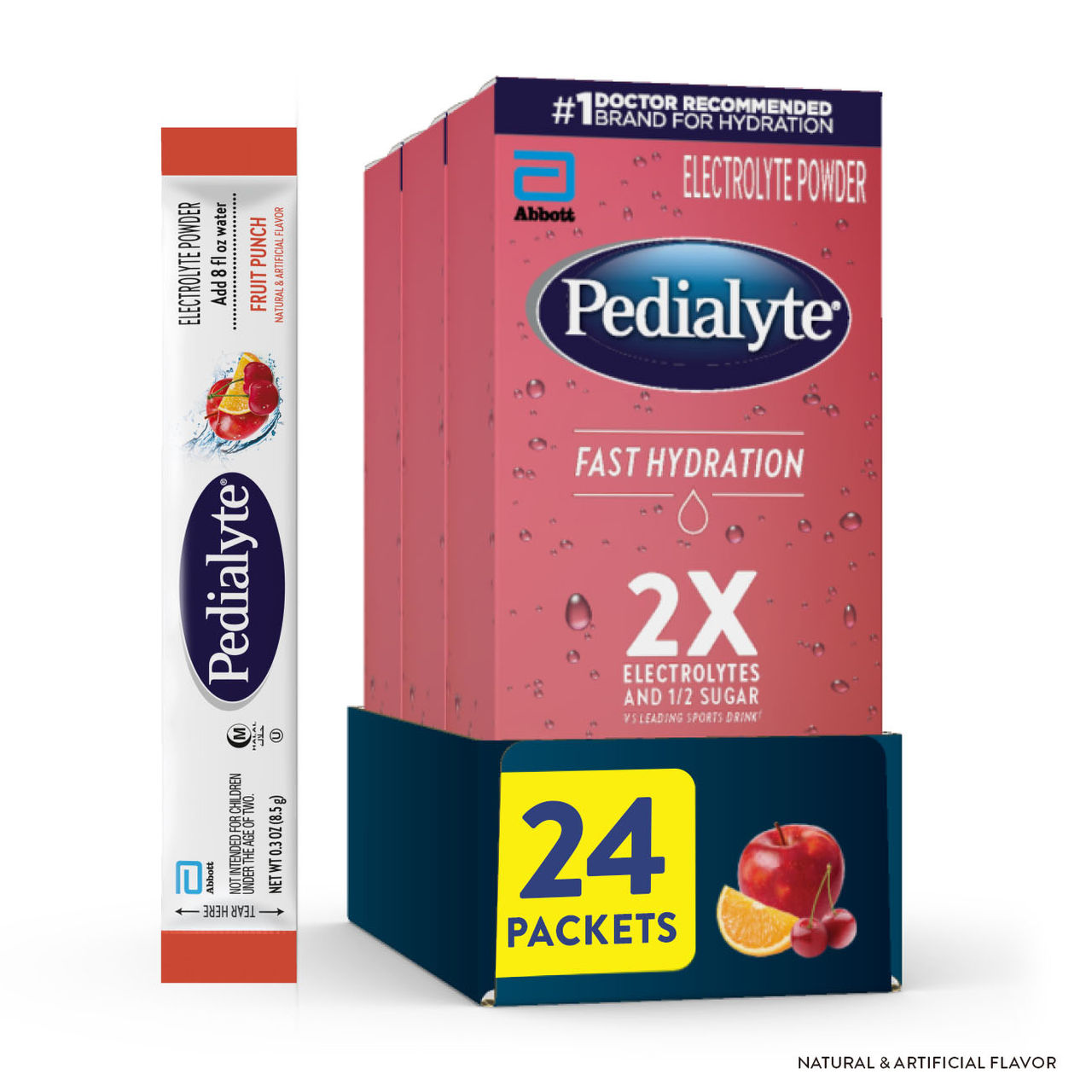 Three red Pedialyte® Fast Hydration electrolyte powder packs in Fruit Punch; 24 packets total.