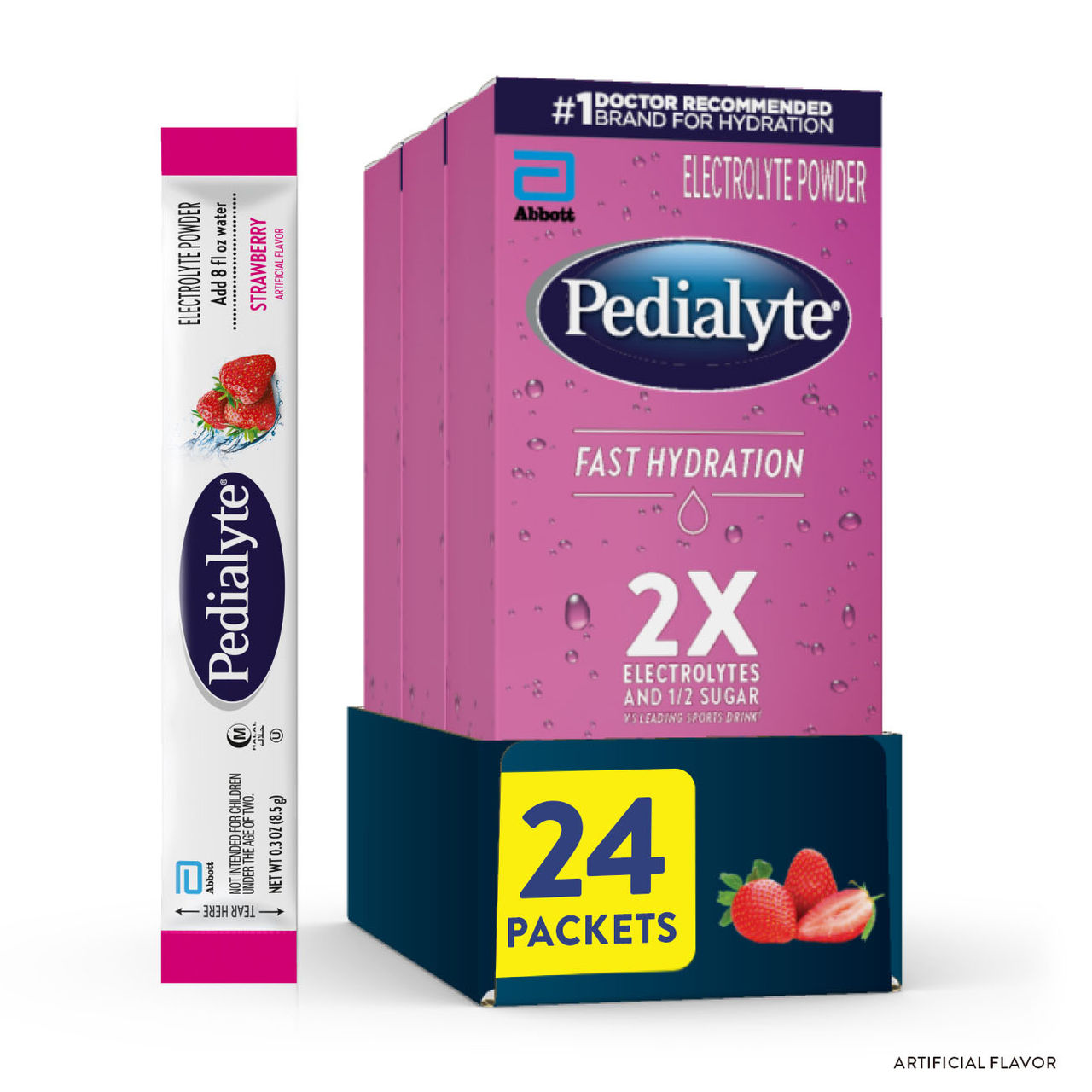 Three pink Pedialyte® Fast Hydration electrolyte powder packs in Strawberry; 24 packets total.