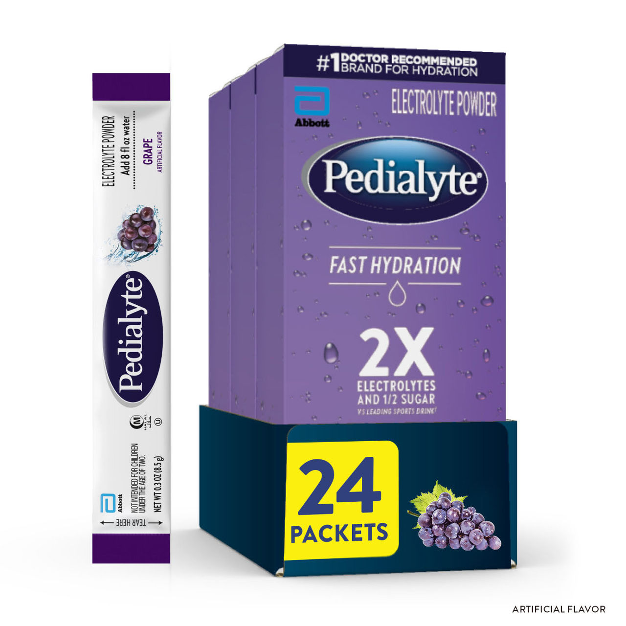 Three purple Pedialyte® Fast Hydration electrolyte powder packs in Grape; 24 packets total.