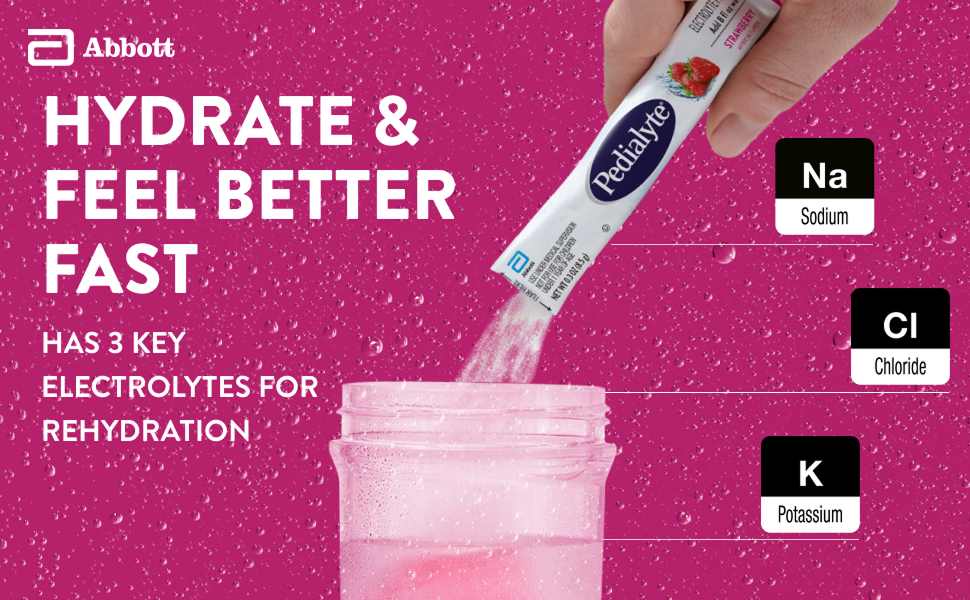 Strawberry lemonade flavored Pedialyte Classic electrolyte powder packets being poured into water. Hydrate and feel better fast. Has 3 key electrolytes for rehydration: sodium, chloride and potassium.