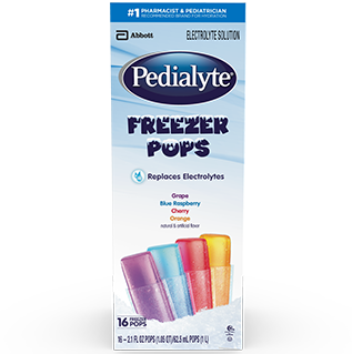 Pedialyte freezer pops variety pack, including grape, blue raspberry, cherry, and orange flavors, 16ct, electrolyte solution.