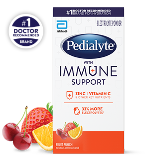 Pedialyte with immune support powder pack, fruit punch, electrolyte powder.