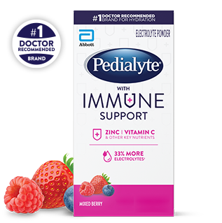Pedialyte with immune support powder pack, mixed berry, electrolyte powder.