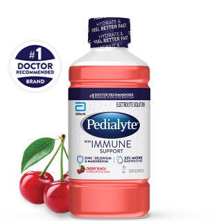 Pedialyte with immune support liter, cherry punch, electrolyte solution.