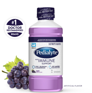 Pedialyte immune support liter, grape, electrolyte solution with probiotics, zinc, selenium and magnesium.