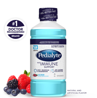 Pedialyte with immune support liter, iced berry, electrolyte solution.
