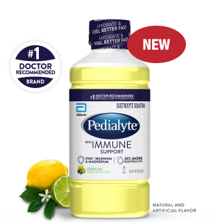 Pedialyte with immune support liter, lemon lime, electrolyte solution.