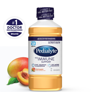 Pedialyte with immune support liter, peach mango, electrolyte solution.