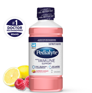 Pedialyte with immune support liter, raspberry lemonade, electrolyte solution.