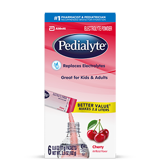 Pedialyte powder pack, cherry, 6ct, 17g, electrolyte powder.