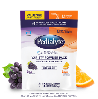 Pedialyte powder variety pack, including grape and orange flavors, 12ct, 17g, electrolyte powder.