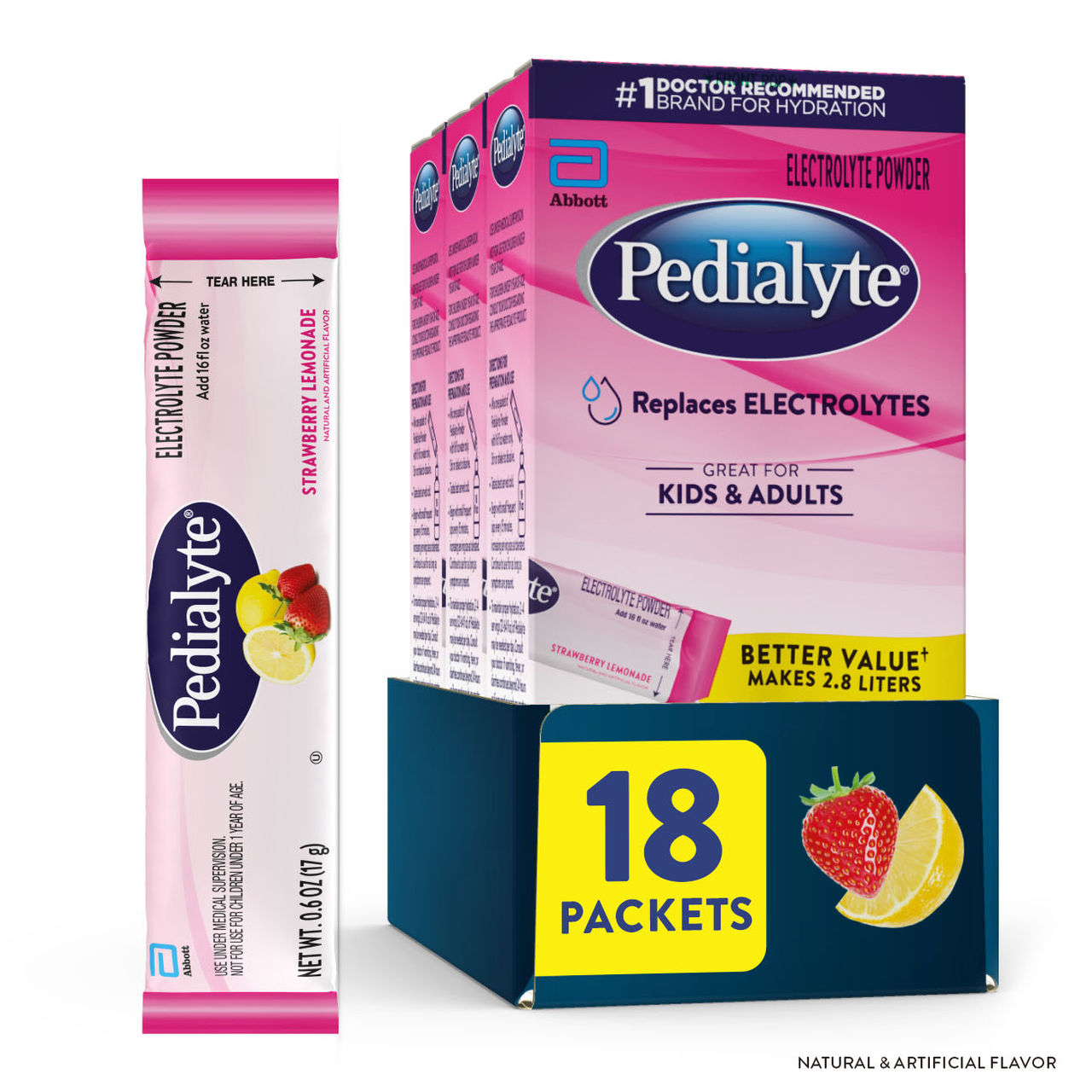 Three red Pedialyte® Fast Hydration electrolyte powder packs in Fruit Punch; 24 packets total.