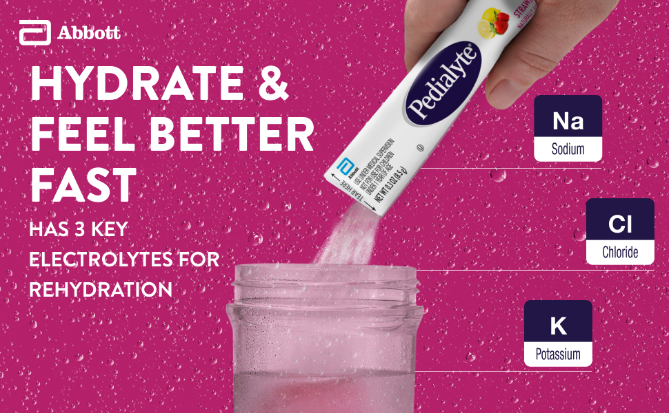 Strawberry lemonade flavored Pedialyte Classic electrolyte powder packets being poured into water. Hydrate and feel better fast. Has 3 key electrolytes for rehydration: sodium, chloride and potassium.