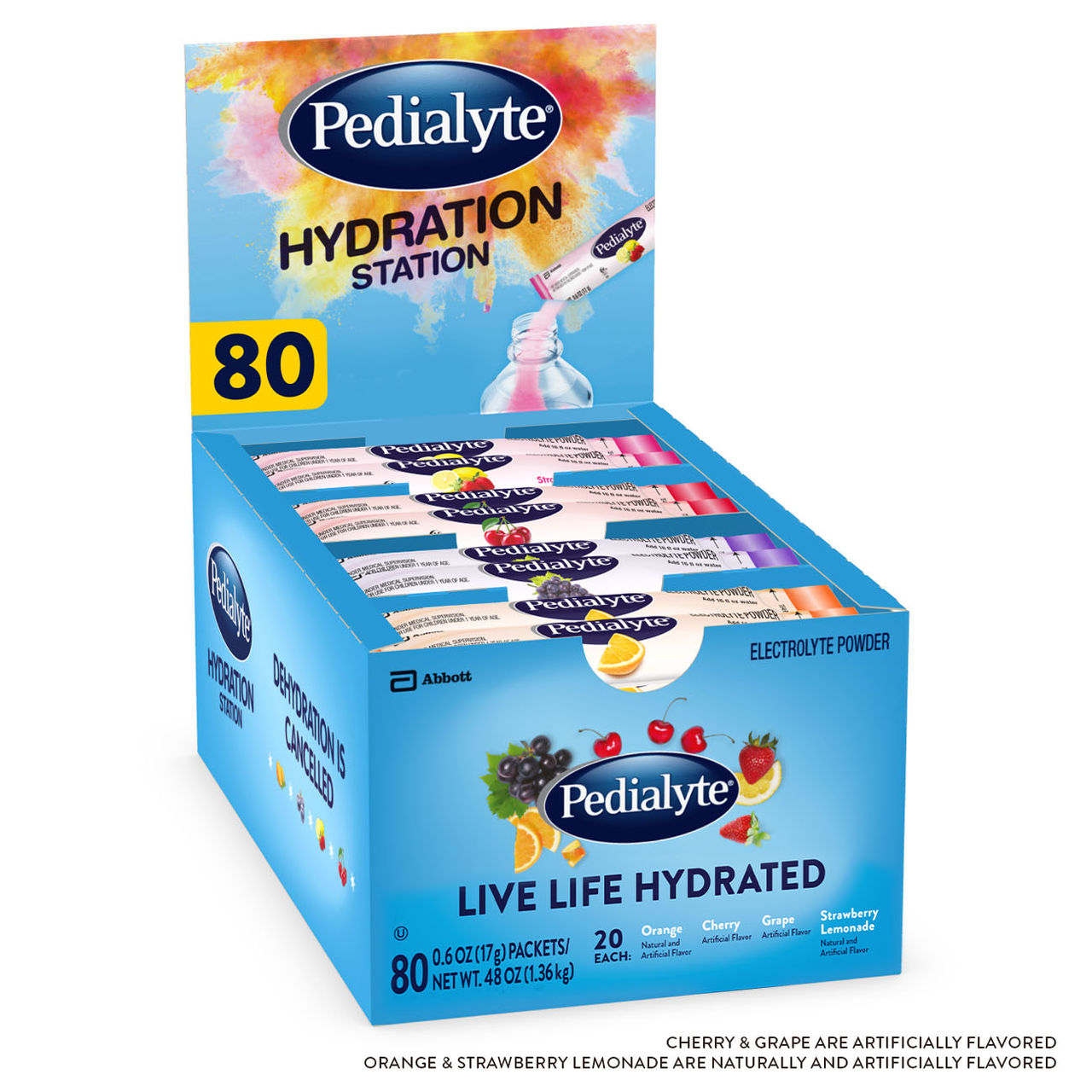 Three purple Pedialyte® Fast Hydration electrolyte powder packs in Grape; 24 packets total.
