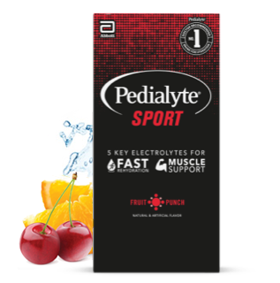 Pedialyte sport powder pack, fruit punch, electrolyte powder.