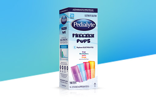 Pedialyte freezer pops variety pack, including grape, blue raspberry, cherry, and orange flavors, 16ct, electrolyte solution.